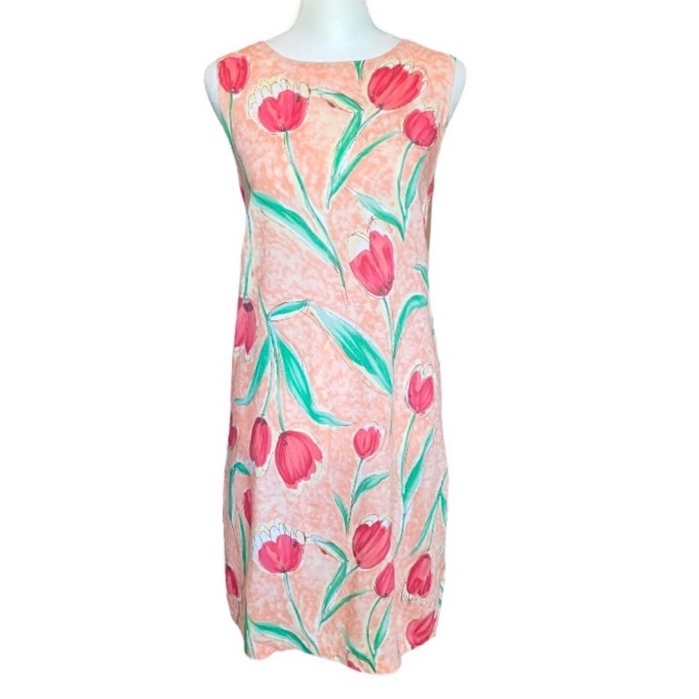 Vintage 90s Watercolor Tulip Print Sleeveless Shift Dress size women’s medium M